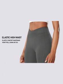 Seitentaschen Einfarbige Kreuz-Taille Damen Sport Shorts, Hohe Taille Lifting Yoga Shorts für Fitness, Pilates, Outdoor Laufen, Radfahren, Lässig Zuhause - Grau - Übersicht 6