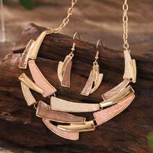 [Elegant Geometric Jewelry Set] KC Golden Plated Women's Jewelry Set - Elegant Geometric Link Necklace & Earrings, Vintage Bohemian Style, Daily Wear Or Parties, All-Season Accessory - 綠色 - 查看 3