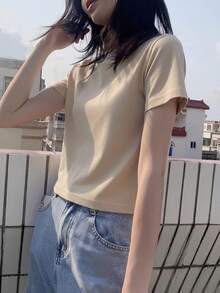Short Sleeve T-Shirt, Solid Color, New Summer Style, Slim Fit, Versatile Round Neck Top Casual - Apricot - View 5