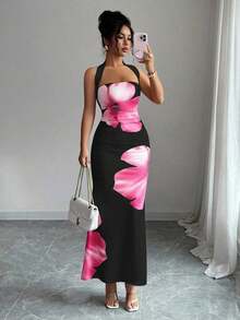 Vestido midi estampado de verano 2025 para mujer, con cuello halter y cintura ajustada. - Negro - Ver 12