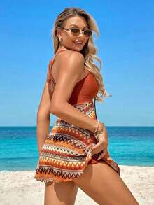 2pcs/Set Women Bohemian Adjustable Shoulder Strap Shirred Bust Bowknot Embellished Triangle Bottom Swimsuit Dress For Summer Beach Vacation - Multicolor - Ver 4