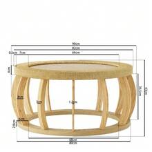 Vintage Round Coffee Table Made Of Rattan And Solid Wood, Boho Style Side Table With Curved Legs For Dining Room, Kitchen And Living Room, Natural Color. - Warna alami - View 7