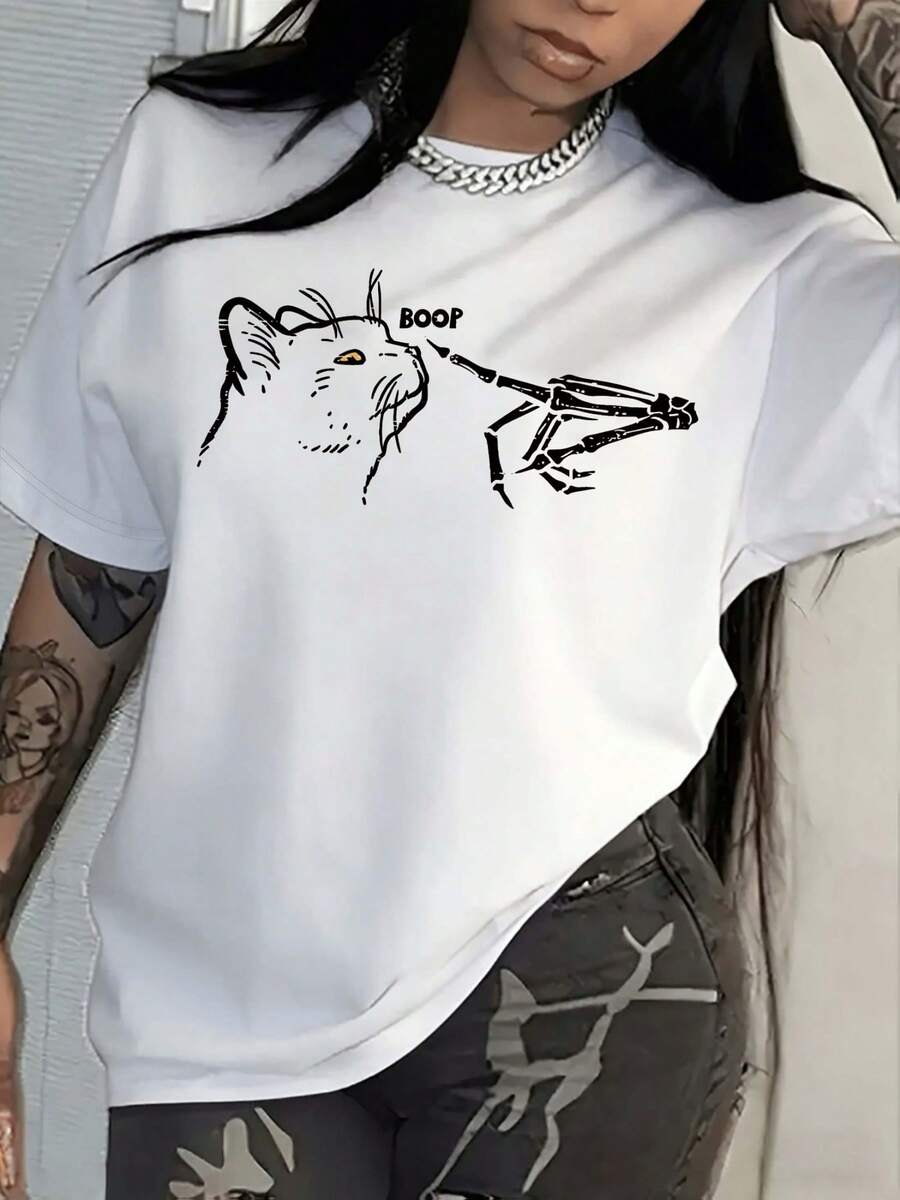 -Shirt With Cat And Skeleton Hand Pattern, Casual Short-Sleeved Top With Round Neck, Women's Spring-E. - White - View 1