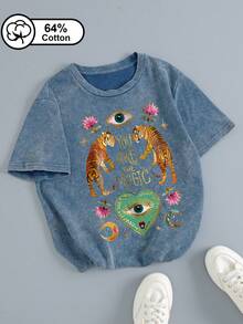 Áo thun ngắn tay nữ cỡ lớn, chất liệu 64% cotton, kiểu dáng vintage chấm bi, in hình một cặp hổ đối đầu, con mắt toàn năng, hoa sen hồng và biểu tượng trái tim, phong cách retro bí ẩn, năng động, thích hợp mặc ngoài trời, áo mùa hè cho nữ. - Màu xanh lam - Xem 1