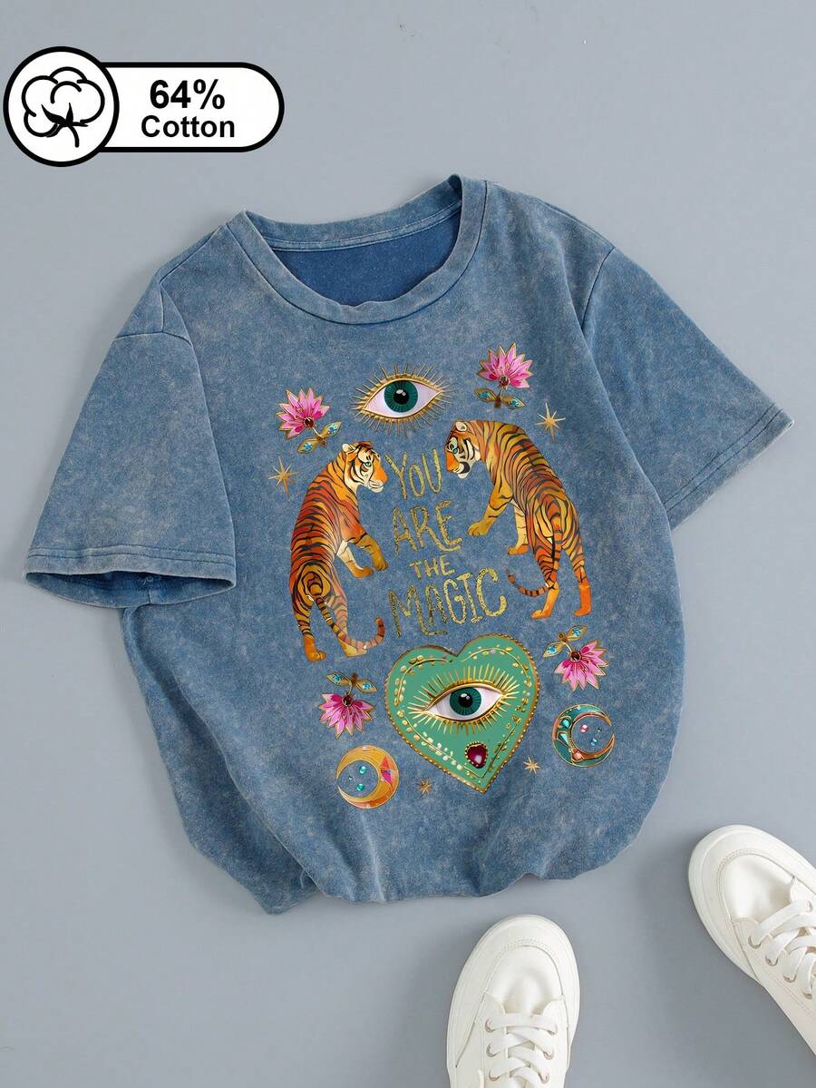 Áo thun ngắn tay nữ cỡ lớn, chất liệu 64% cotton, kiểu dáng vintage chấm bi, in hình một cặp hổ đối đầu, con mắt toàn năng, hoa sen hồng và biểu tượng trái tim, phong cách retro bí ẩn, năng động, thích hợp mặc ngoài trời, áo mùa hè cho nữ. - Màu xanh lam - Xem 1