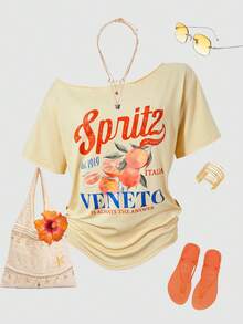 女款復古 Spritz Italia 圖案針織圓領短袖落肩 T-shirt 上衣，春季街頭風夏季款 - 淡黃色 - 查看 8