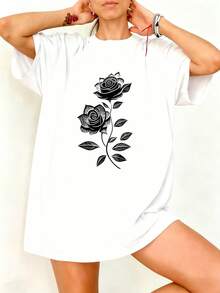 Camiseta Oversize Blanca con Estampado de Rosas Negras para Mujer Verano Casual - Blanco - Ver 1