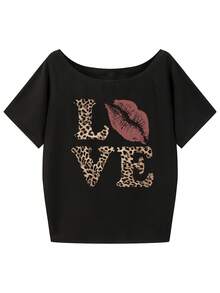 女款時尚露肩豹紋 LOVE 與嘴唇圖案 T-shirt，短袖聚酯纖維高彈性休閒上衣，夏季穿搭 - 黑色 - 查看 5