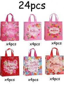 24/18/12/6/4/2个装花卉印花无纺布礼品袋 - 可折叠可重复使用购物袋，印有“母亲节快乐”字样；母亲节惊喜礼品包装袋、母亲节派对回礼袋、母亲节花店花束袋、婴儿派对礼品袋、母亲节派对餐桌装饰、母亲节家居装饰、母亲节背景袋 - 查看 20