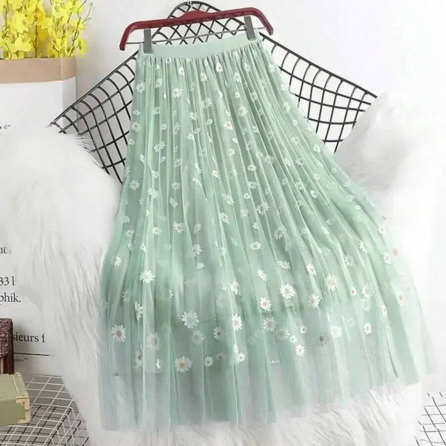 Faldas de mujer tierno dulce estilo coreano impreso señora malla Ins elegante todo-fósforo universidad elegante Popular chicas encantadoras encanto elegante - verde - Ver 1