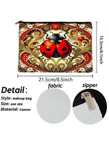 异想天开的民间艺术昆虫印花化妆包，瓢虫和螳螂主题便携式拉链袋 - 彩色 - 查看 6