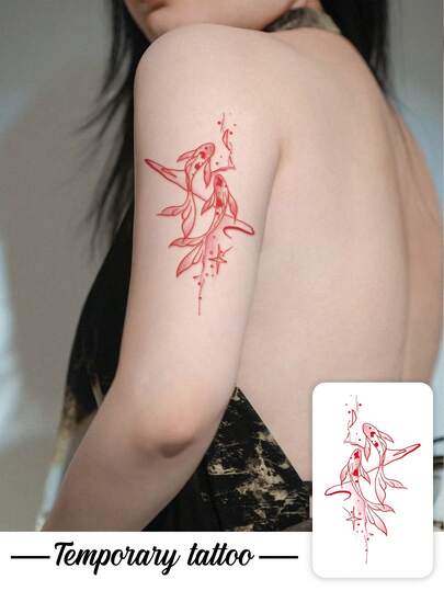 1 Hình dán xăm kiểu Trung Quốc với các đường kẻ đỏ, hình cá chép đôi, ngôi sao, hình dán xăm tạm thời, có thể giặt, chất liệu PVC, dùng một lần, chống thấm nước và mồ hôi, thích hợp cho cánh tay, eo, bụng, lưng, chân, không phản chiếu ánh sáng, mô phỏng hình xăm thật, thích hợp cho mọi người, sử dụng hàng ngày, giữ được 3-5 ngày.