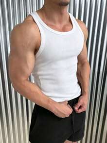 Men's Casual Fashionable Elastic Fitted Contrast Color Tank Top - White - View 5