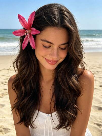 1pc Bohemian Fuchsia Flower Side Bangs Hair Clip, Exaggerated Floral Hair Accessory For Beach Holiday