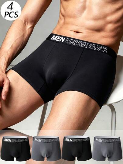 Bộ 4 quần boxer nam, cạp quần in chữ, quần short thời trang thoáng khí, phù hợp cho đạp xe, tập thể dục, thể thao, mặc hàng ngày, mặc ở nhà, quà tặng cho bạn trai.