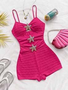 Mono de mujer con decoración de estrella de mar hueca, adecuado para fiesta y uso en casa - Rosa Fucsia - Ver 1