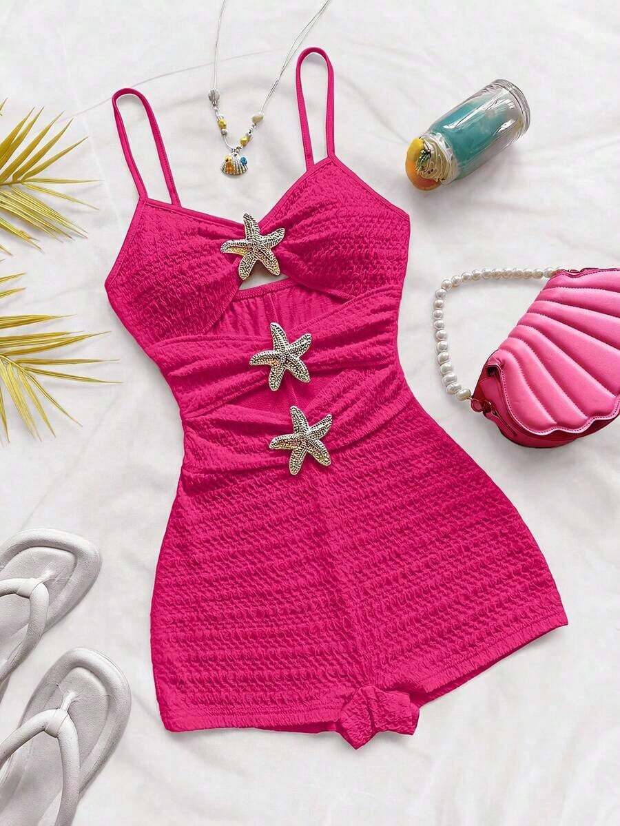 Mono de mujer con decoración de estrella de mar hueca, adecuado para fiesta y uso en casa - Rosa Fucsia - Ver 1