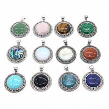 38x42mm Natural Crystal Agate Semi-Precious Stone Round Pendant, Gemstone Inlaid Alloy Abalone Shell Necklace - Water Drop Natural Stone Pendant - View 10