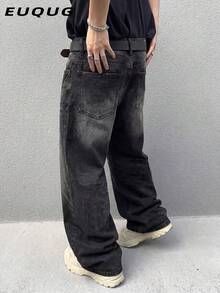 Quần jeans ống rộng dáng suông dành cho nam, phong cách đường phố thường ngày, phù hợp cho mọi mùa. - Đen và trắng - Xem 3