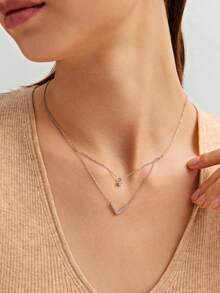 1 件女士闪亮双层 V 形堆叠吊坠项链，时尚个性化奢华风格简约精致颈链，适合日常佩戴和节日礼物 - 銀色 - 查看 5