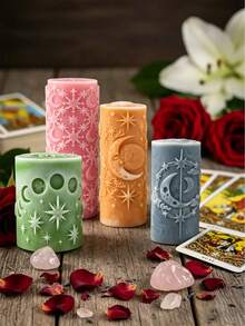 Molde de silicone para velas da série Universo Estrelas e Lua | Molde misterioso para velas de pilar estilo Tarô | Ideal para velas perfumadas / gesso / resina | Macio e fácil de desenformar | Reutilizável e lavável | Crie uma decoração com atmosfera vintage | Ideal para artesãos | Dia dos Namorados / Aniversário / Decoração para o dia a dia | Faça facilmente lindos castiçais com céu estrelado - Molde de Estrela e Lua - Ver 1