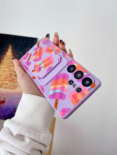 1pc Purple TPU Rainbow & Ice Cream Pattern Summer Dopamine Healing Protective Phone Case And 1pc Purple Rainbow & Ice Cream Pattern Adhesive Card Holder 2-In-1 Fashionable Versatile Creative Personalized Full Coverage Protective Soft Phone Case, Suitable As Gift For Girlfriend/Boyfriend, Best Friend/Sibling, Wife/Husband, Compatible With IPhone/Android