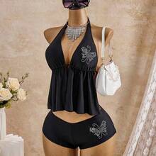 Bellisia 2026 Women's Vacation Beach Rhinestone Floral Black Tankini Swimwear Set 2026 New Women's Swimwear ArrivalFor School,Suitable For Holiday, Date, Afternoon Tea, Western, Cruise, Beach, Island, Road Trip, All Seasons, Music Festival, Boho Vacation,Bohemian Vacation, Chill Autumn ,Western Boho ,Elegant Tops For Women Black Tankini Swimsuit Black Tankini Set Swimsuits For Women Bathing Suit Set Bikini Set Women S Swimsuit 2 Piece Women S Swimsuits Tummy Control Y2k Swimsuit Zip Swimsuit Yog - Beis - Ver 4