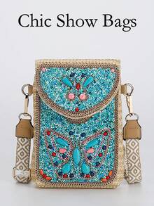 女士波西米亚风草编斜挎包，新款时尚串珠编织单肩手机包 - 彩色 - 查看 12