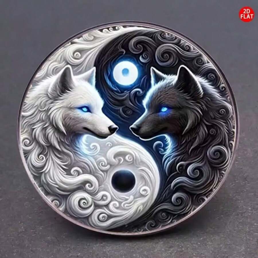 2D平面阴阳狼胸针,独特服饰徽章,创意翻领别针,适用于背包、衣服、衣领和帽子,多功能时尚配饰,增添仪式感,瞬间点亮造型,2D平面 - A - 查看 1