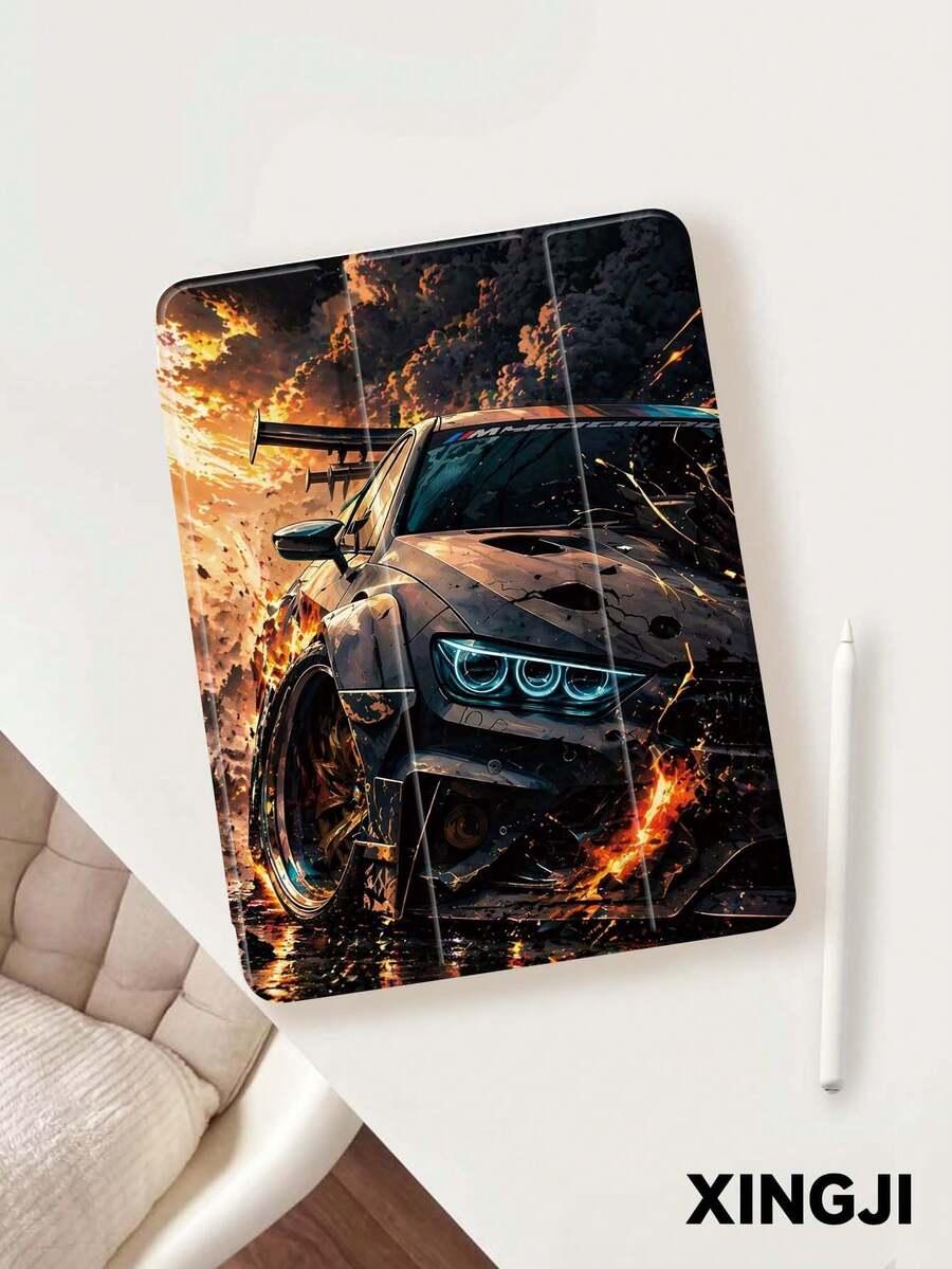 1pc Flame Explosion Racing Car Pattern Tablet Protective Case, Compatible With IPad 10.2" 10th Gen/ (A16) 11" 11th 2025, Pro 11" 2021/2020, Galaxy Tab A8 10.5" 2022, Matepad 10.4/Tab, Built-In Pencil Slot, Anti-Drop, Tablet Stand Case, Supports Auto Sleep/Wake, Best Gift For Family And Friends - Multicolor - View 1