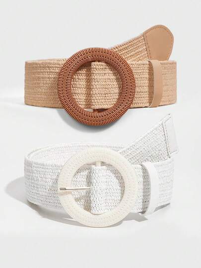 2/3pcs Set White & Apricot Summer Bohemian Vintage Cute Elastic Woven Belt, Fashion Accessory To Match Dresses, Skirts, Suitable For Daily, Work, Date, Holiday