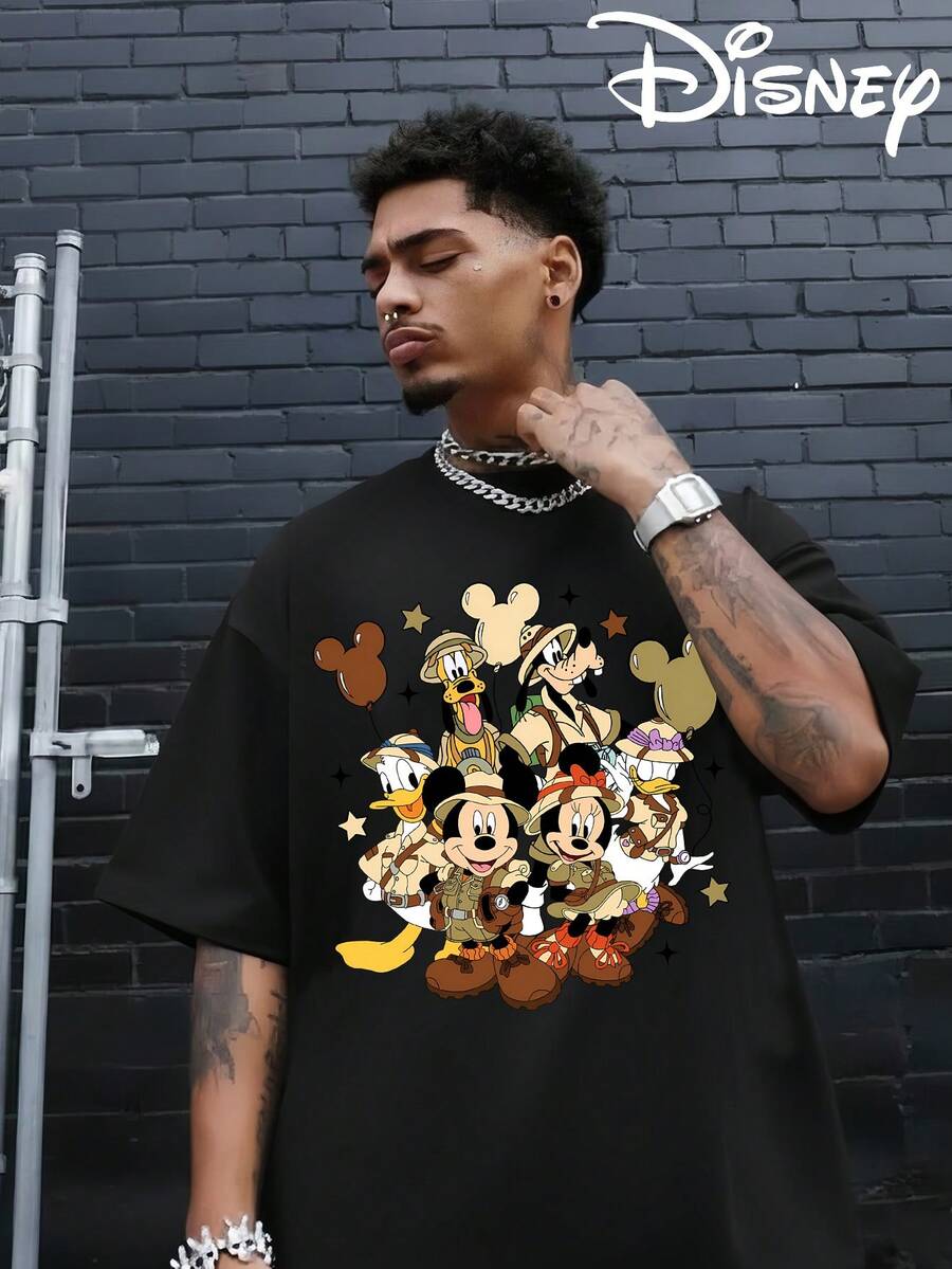 Disney Authorized Mickey Mouse And Disney Animal Kingdom Cartoon Patterns And Disney Animal Kingdom Letter Prints, Men's Black Pure Cotton Short Sleeved T-Shirt, Breathable White Short Sleeved T-Shirt, Suitable For Summer Wear, Neutral, Regular Round Neck Casual Style, Washable, Comfortable And Loose. - màu đen - Xem 1