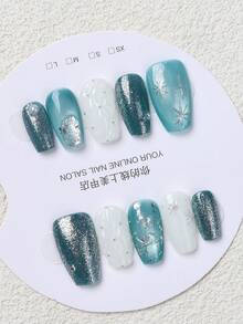 Conjunto de 10 Unhas Artesanais Formato Caixão Olho de Gato Azul de Cobertura Total, Decoradas com Estrelas e Lua, Reutilizáveis, Disponíveis em Quatro Tamanhos, Adequadas para Meninas/Mulheres, Atrizes, Apresentações, Festivais, Festas, Casamentos e Uso Diário. - Azul menta - Visão 4