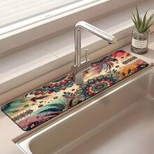 1pc Bohemian Pattern Printed Faucet Mat, Durable Polyester, Quick Drying, Easy To Clean, Suitable For Kitchen And Bathroom, Easy To Install, Daily Decor, Gift, Bathroom Mat, Durable Faucet Mat, Faucet Accessory - Multicolor - View 5