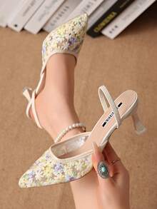 新中式白色高跟穆勒鞋，尖頭蕾絲刺繡可轉換式涼鞋女款，夏季鞋款 - 黃色 - 查看 1