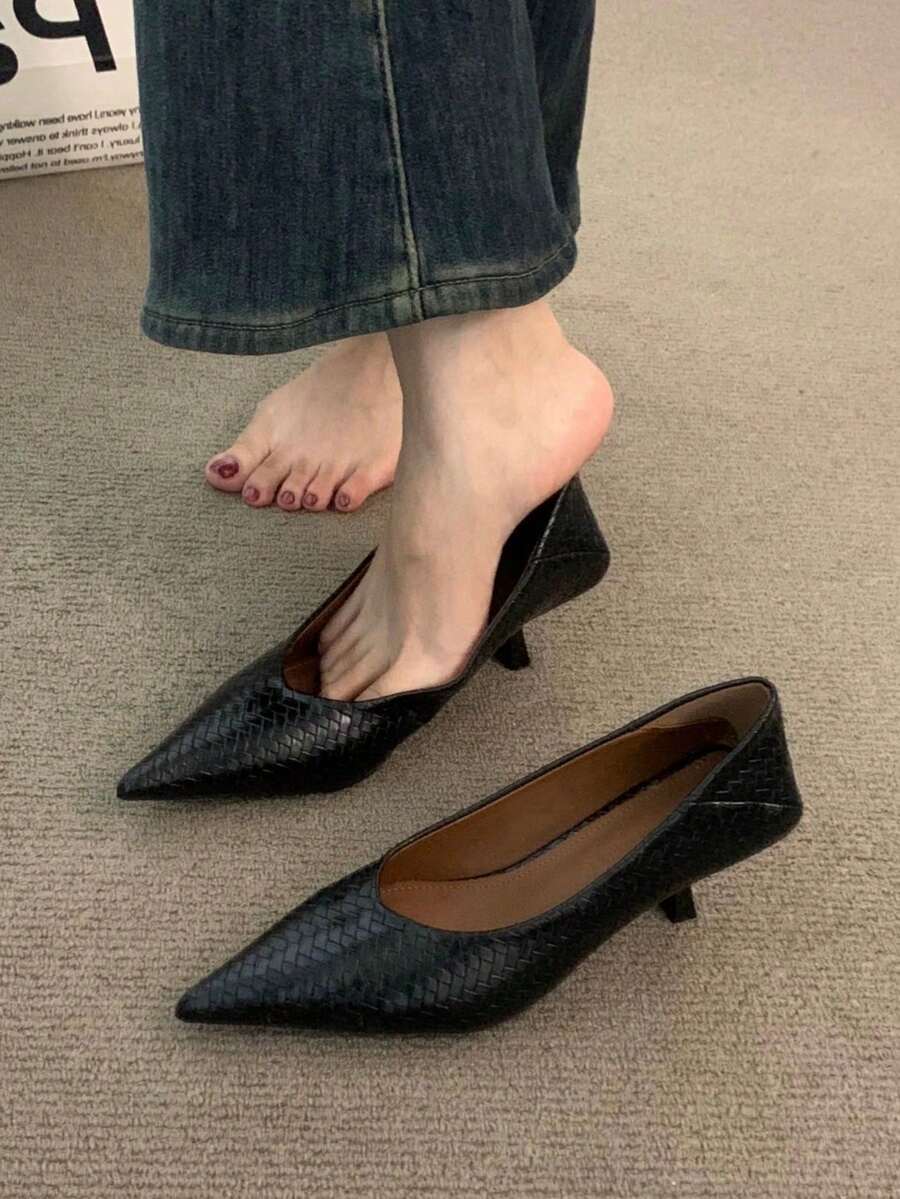 優雅小眾尖頭蛇紋細高跟單鞋,貓跟鞋,時尚奶奶鞋女款,法式風格適合上班與晚宴 - 黑色 - 查看 1
