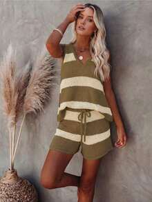 Conjunto de punto de chaleco y pantalones cortos a rayas de contraste de cuello en V, estilo elegante y relajado, adecuado para el uso diario, vacaciones, salidas a la playa en verano - Caqui - Ver 5