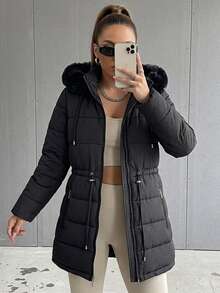 Women's Puffer Jacket With Faux Fur Lining For Winter With Hood - màu đen - Xem 7