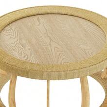 Vintage Round Coffee Table Made Of Rattan And Solid Wood, Boho Style Side Table With Curved Legs For Dining Room, Kitchen And Living Room, Natural Color. - Warna alami - View 8