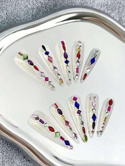 Y2K Luxury 45mm Extra Long Pointed Nail Art Tips, Handmade With Inlaid Gemstones, Handcrafted, Exquisite, Creative, Versatile, Elegant, Suitable For Weddings, Parties, Outdoor, Beach, Daily, Festivals, Gatherings, Work And Special Occasions - 10pcs/Pack