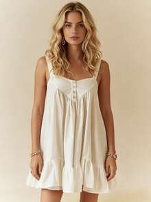 Women Slip Dress, Sleeveless Pleated Ruffled Solid Loose Summer Dress Mini Dress Suitable For Daily Look And Dating Occasions - Ivory White - View 6
