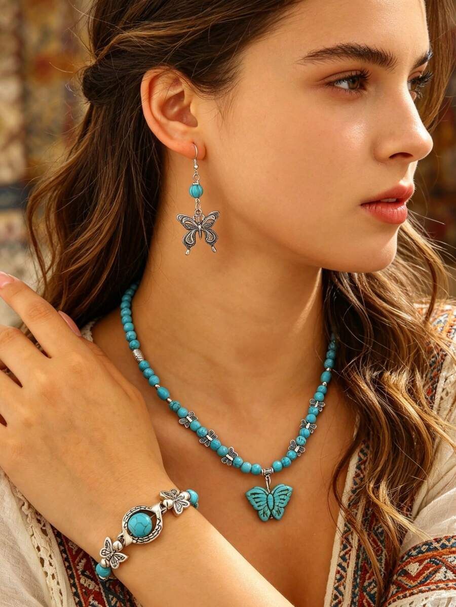 1 Set de joyería bohemia vintage con efecto desgastado y turquesa falsa, que incluye collar con colgante de mariposa, pulsera y aretes con cuentas, versátil para vacaciones, uso diario, fiestas, festivales de música, playa de verano, regalo para amigos, familia, parejas y mujeres
