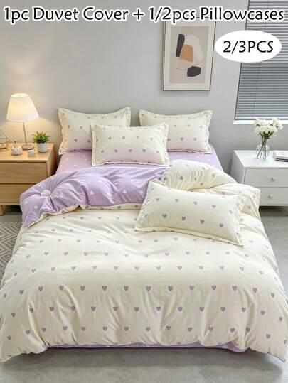 Bộ ga trải giường 2/3 món in hình trái tim màu tím, chất liệu polyester, kiểu dáng tối giản dễ thương, phù hợp cho mọi mùa, ký túc xá, phòng ngủ, mềm mại và thoáng khí, có thể giặt máy, là món quà tuyệt vời, cỡ Queen, King (1 ga trải giường + 1/2 vỏ gối, không bao gồm ruột gối)