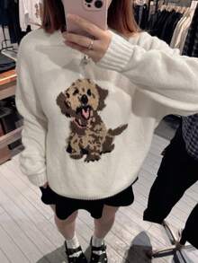 Autumn Women's Cream-Colored Dog Pattern Sweater, Suitable For Campus, Back To School Events, Cute Top, Y2K Streetwear Retro Style, Teacher - Multicolor - View 2