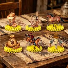Decoración de sobremesa con forma de panal de estilo vaquero occidental, adecuada para la decoración de fiestas con temática occidental. Suministros para fiestas con temática occidental, un pequeño vaquero está llegando, adecuado para suministros de bautizo. Decoración de mantel de cumpleaños - Ver 3