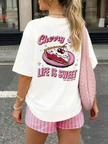 女士甜樱桃派字母印花短袖T恤，圆领前后双面印花，休闲甜美又酷炫的街头风上衣 - 白色 - 查看 2