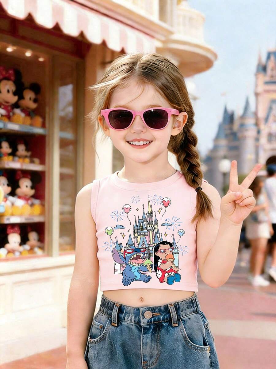 Disney's New Stitch And Lilo Eating Ice Cream Print - Children's Clothing Design, Vest, Daily Outings, Casual And Cute, Comfortable And Loose, Suitable For Boys And Girls, Ideal Choice For Parties And Play, Washable, Girls' Short Sleeved Shirt, Gift Dishnei>Clothes Shirt Pattern T-Shirt Toddler Boy Clothes Tops Kids Girls Clothing Mom And Daughter Matching Outfit - Hồng - Xem 1