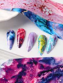 10張彩色星空全息美甲轉印貼紙 水彩墨水漩渦星系星雲流動氣泡美甲箔膜貼紙 DIY美甲飾品裝飾套組（不黏性）夏季派對美甲用品 - 彩色 - 查看 7