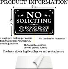 No Soliciting Sign Front Door 9*6 Inches, 2 Pack Self-Adhesive Aluminum Metal Do Not Knock Or Ring Bell Sign, Weatherproof Rustproof No Soliciting Signs House Yard Business, Fade Resistant - 1 - View 2