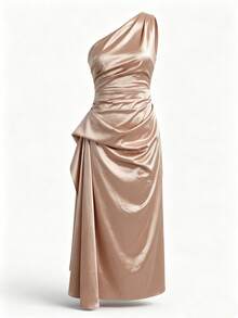 Elegant Spring/Summer Satin Off Shoulder Mid-Length Party Dress, Women's Solid Color Pleated Formal Gown For Wedding Guest, Mother's Day - Champagne - View 8